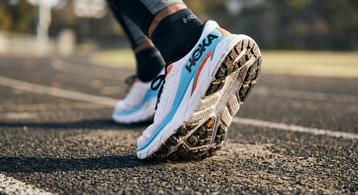 Close-up technical shot of the Hoka Skyflow 2 midsole foam texture and outsole grip pattern in high resolution