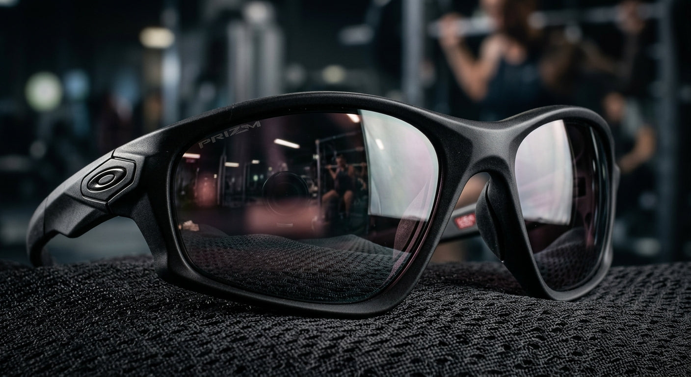 Close-up technical studio photography of the Oakley Suture Jacket showing lens texture and ergonomic frame geometry