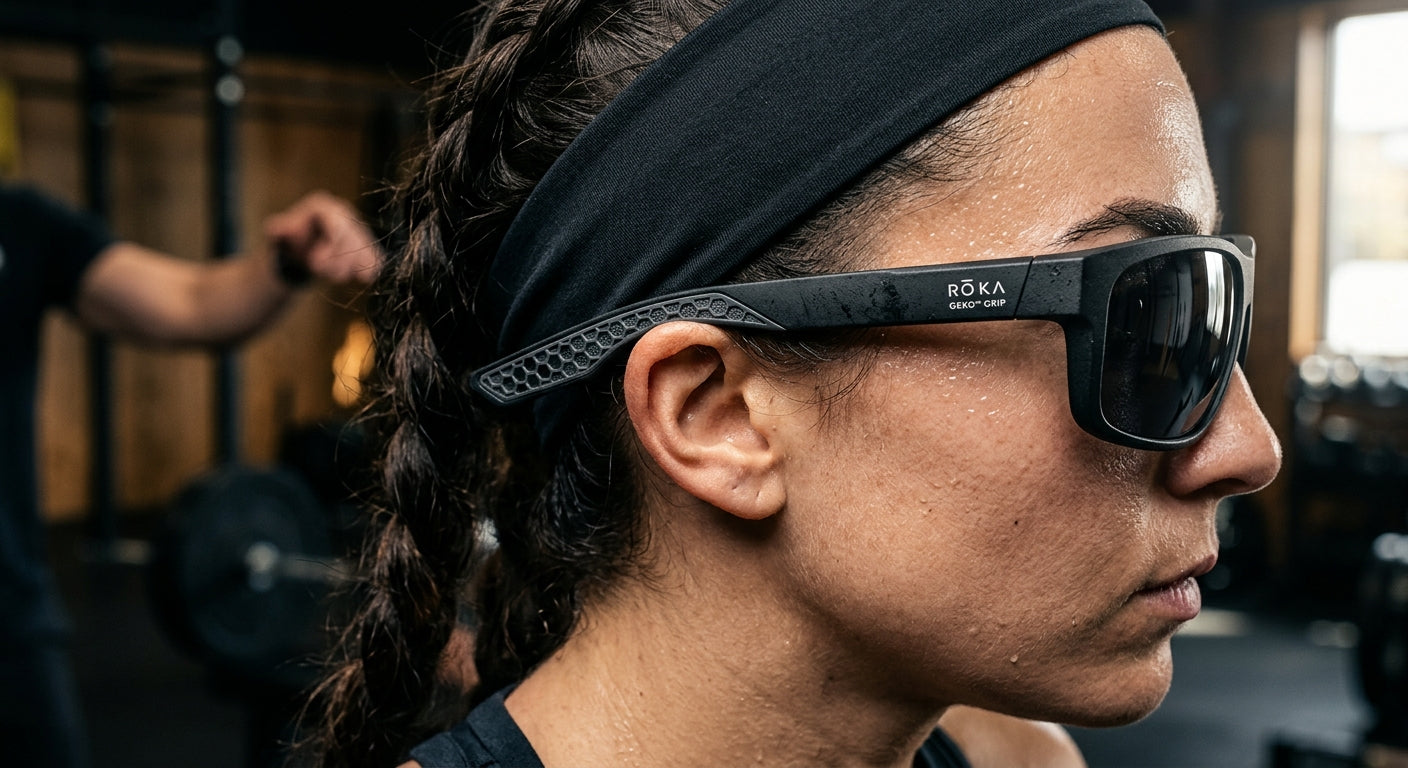 Detailed macro shot of a performance sunglass frame showing the intricate material texture and Geko grip technology under studio spotlights.