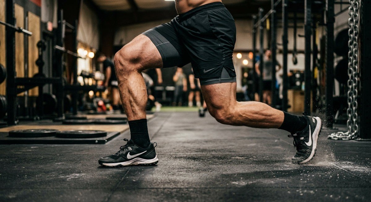 Detailed photography of an athlete's lower body during a warm-up routine, highlighting muscle engagement with cinematic contrast and high-speed motion textures.