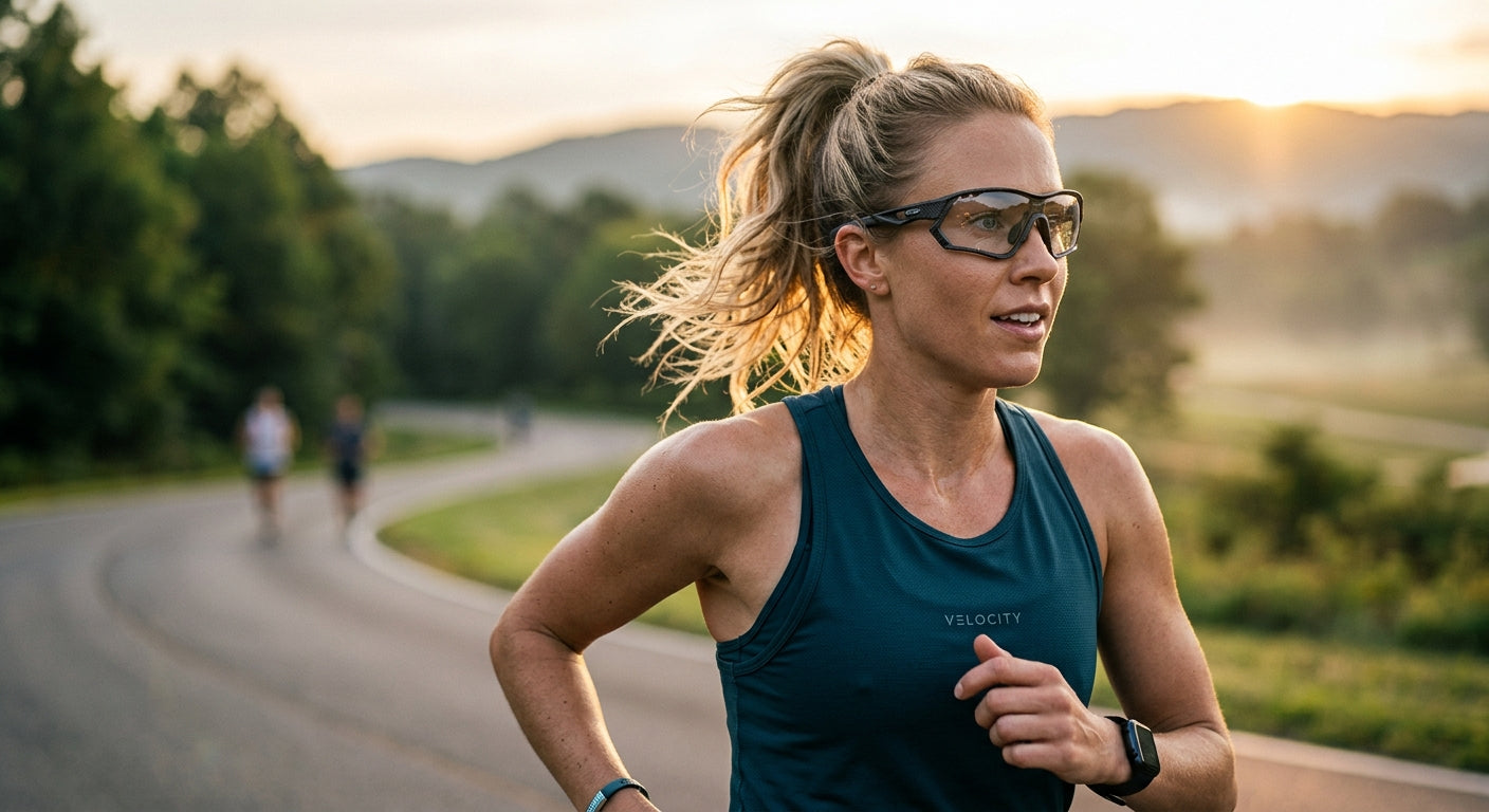 Detailed product shot of lightweight performance eyewear showing the intricate frame geometry and lens texture.