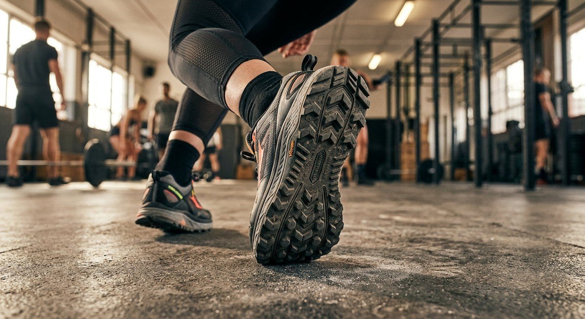 Detailed, sharp focus shot of a professional sports trainer outsole showing the rubber lug pattern designed for maximum traction and grip.