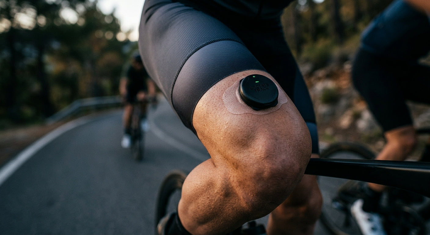 Detailed shot of a wearable lactate threshold sensor on a cyclist's quad, high-contrast professional photography, sharp focus on the device and skin texture.