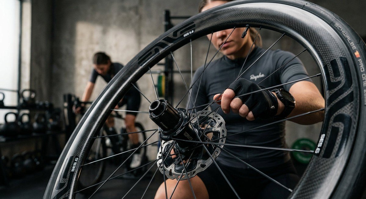 Detailed studio-style shot of the Enve hub and carbon fibre weave, showcasing the technical precision and premium build quality of the 2026 wheelset.
