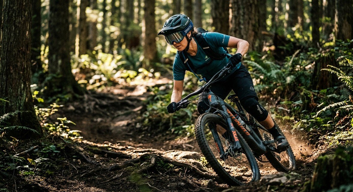 Dramatic athletic action photography of a mountain biker riding through a sun-dappled forest, highlighting the contrast and clarity of premium eyewear.
