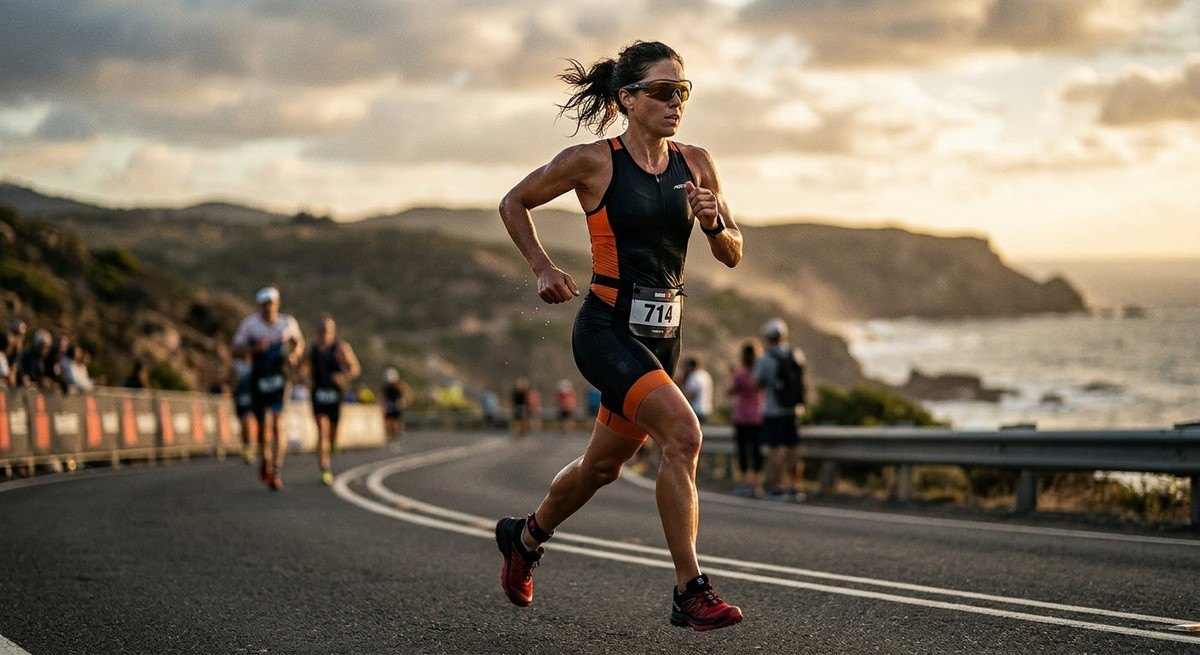 Dramatic cinematic lighting highlighting a triathlete in mid-stride, focusing on the secure fit of their professional sports eyewear against their face.