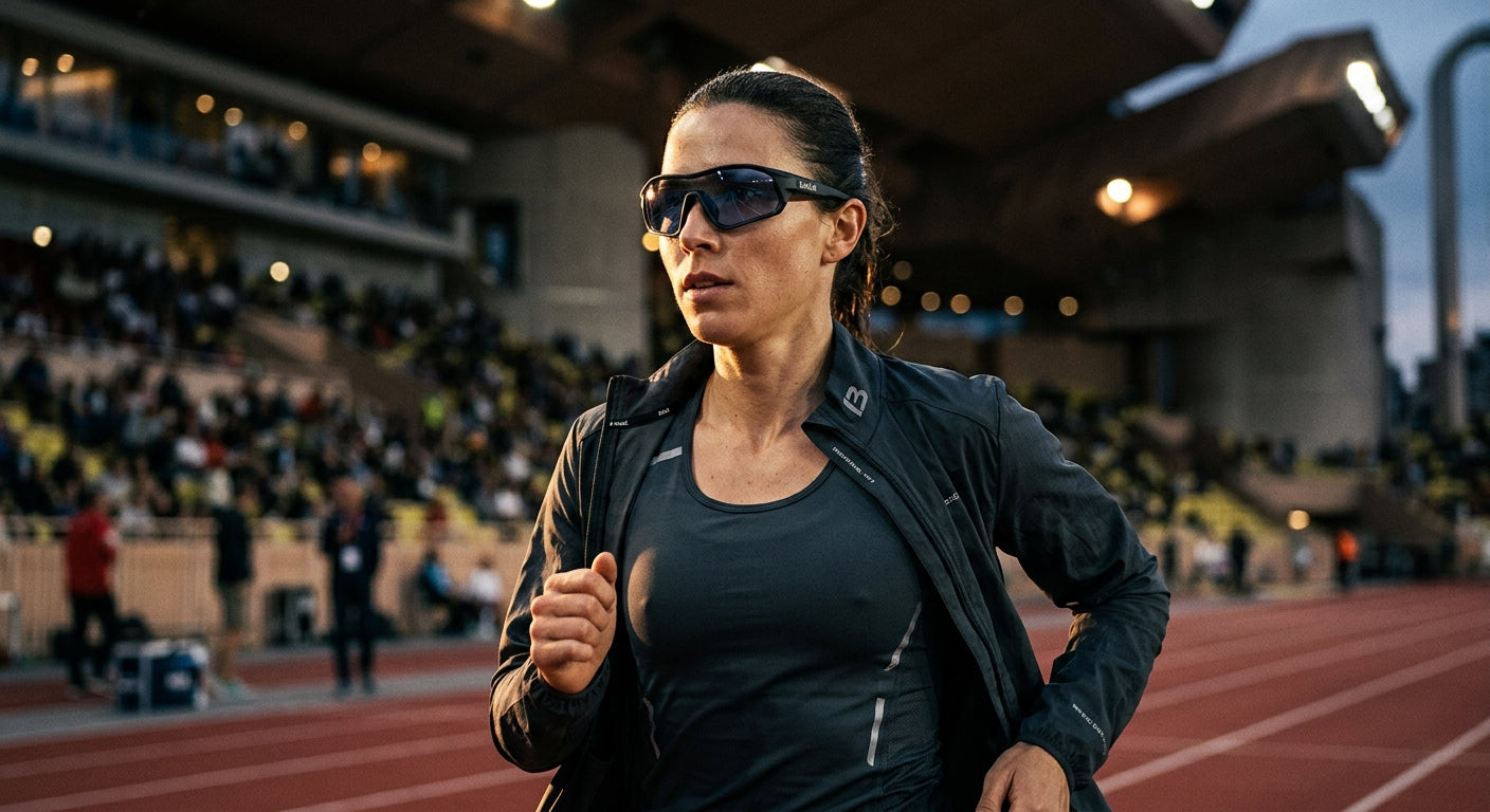 Dramatic cinematic lighting highlighting the aerodynamic frame geometry of the Bollé Trailchaser in a stadium setting.