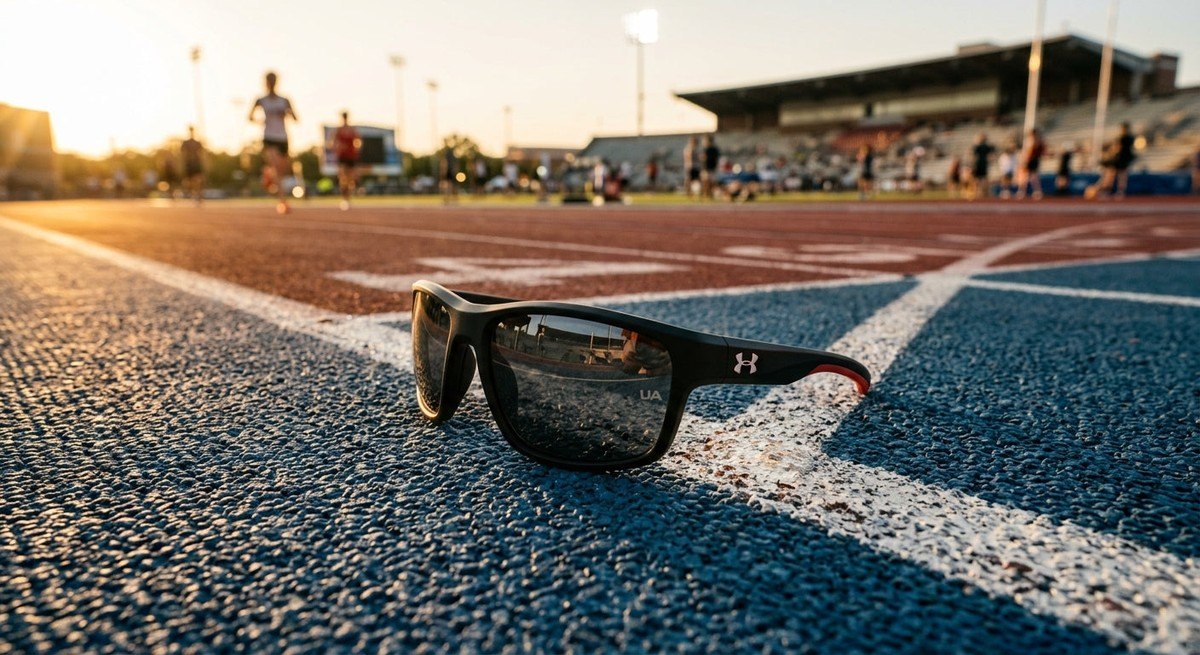 Dramatic cinematic lighting on a pair of high-performance Under Armour sunglasses resting on a professional track surface.