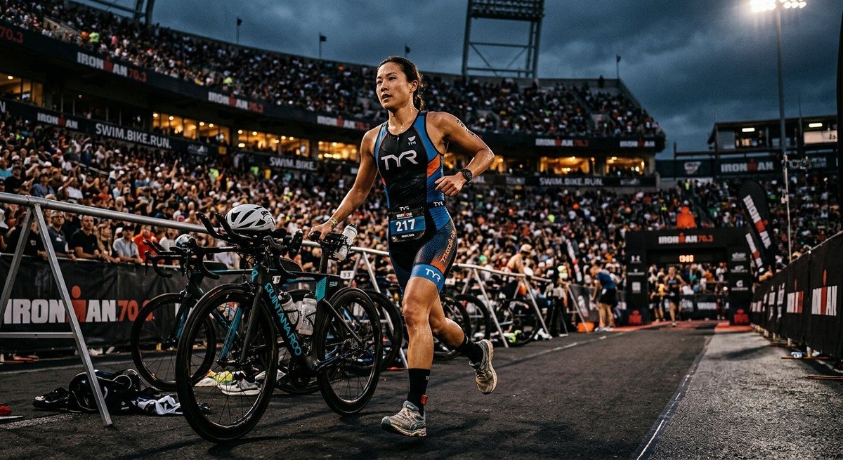 Dramatic cinematic lighting on a triathlete transitioning from a road bike to running, with a stadium background and moody atmosphere.