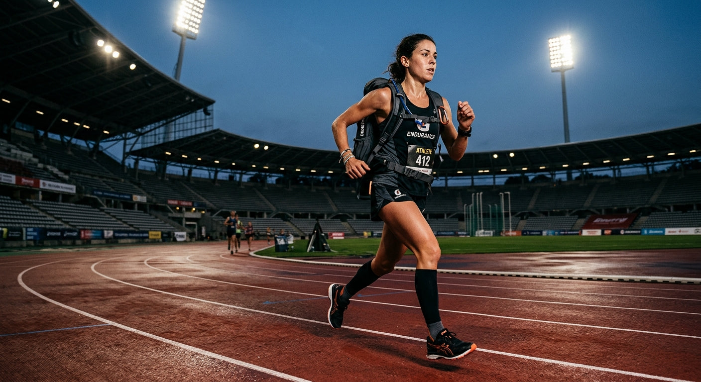 Dramatic cinematic lighting showing an endurance athlete running with a transition bag in a stadium setting.