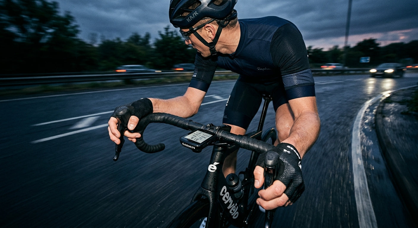 Dramatic cinematic shot of a cyclist's cockpit showcasing a digital aero monitoring device with motion blur on a dark, wet tarmac surface.