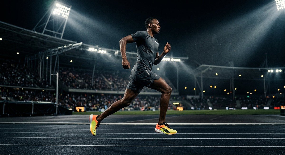 Dramatic cinematic side profile of a runner wearing Puma shoes under stadium floodlights.