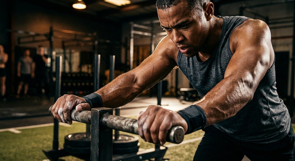Dramatic close-up of a focused fitness enthusiast gripping a sled handle, showing intense texture and sweat.