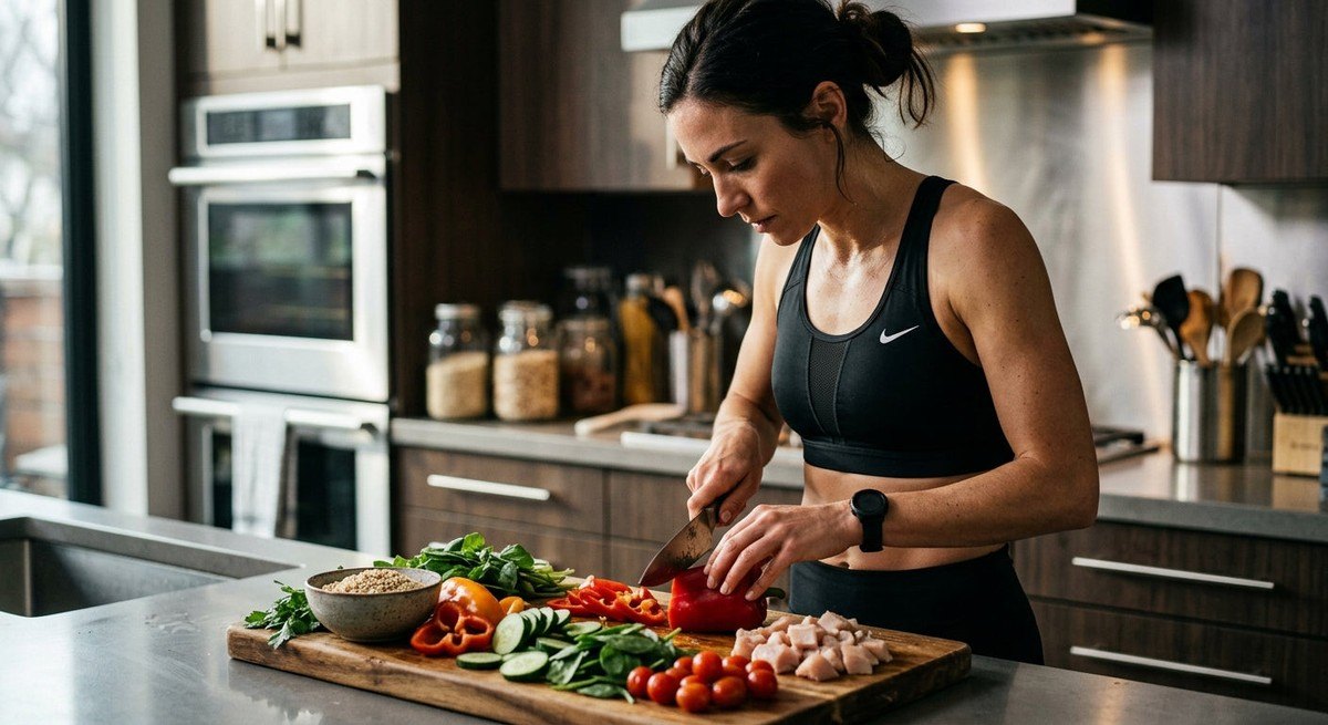 Dramatic close-up shot of a focused athlete preparing a high-performance meal, highlighting fresh, nutritious ingredients and professional kitchen textures.