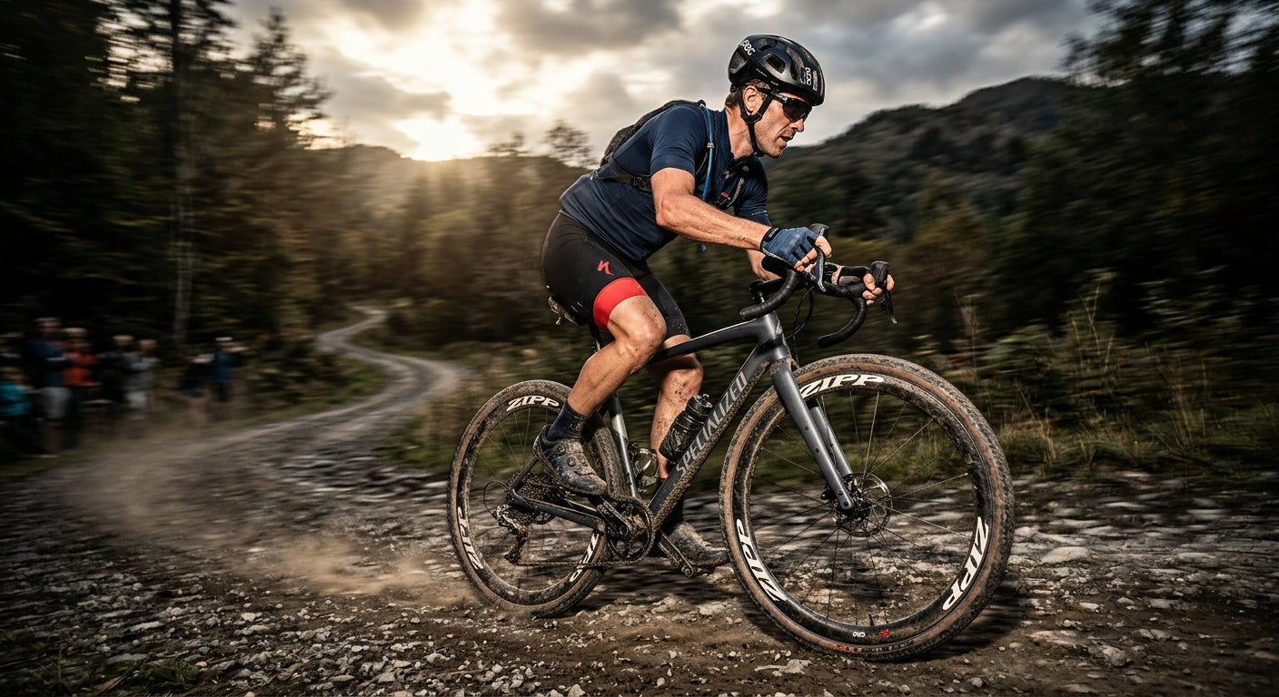 Dramatic contrast running motion blur shot of Zipp 303 Firecrest wheels on a gravel bike with realistic dirt textures and professional high-speed action photography style