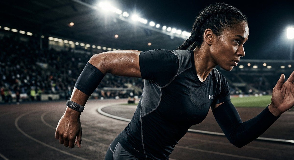 Dramatic, high-contrast photography of a fitness tracker on an athlete's arm, showcasing the ergonomic design and premium materials in a stadium-lit atmosphere.