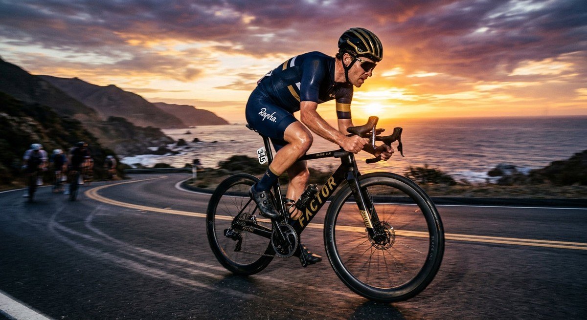 Dramatic high-speed action photography of a cyclist sprinting on a luxury road bike during a sunset race.