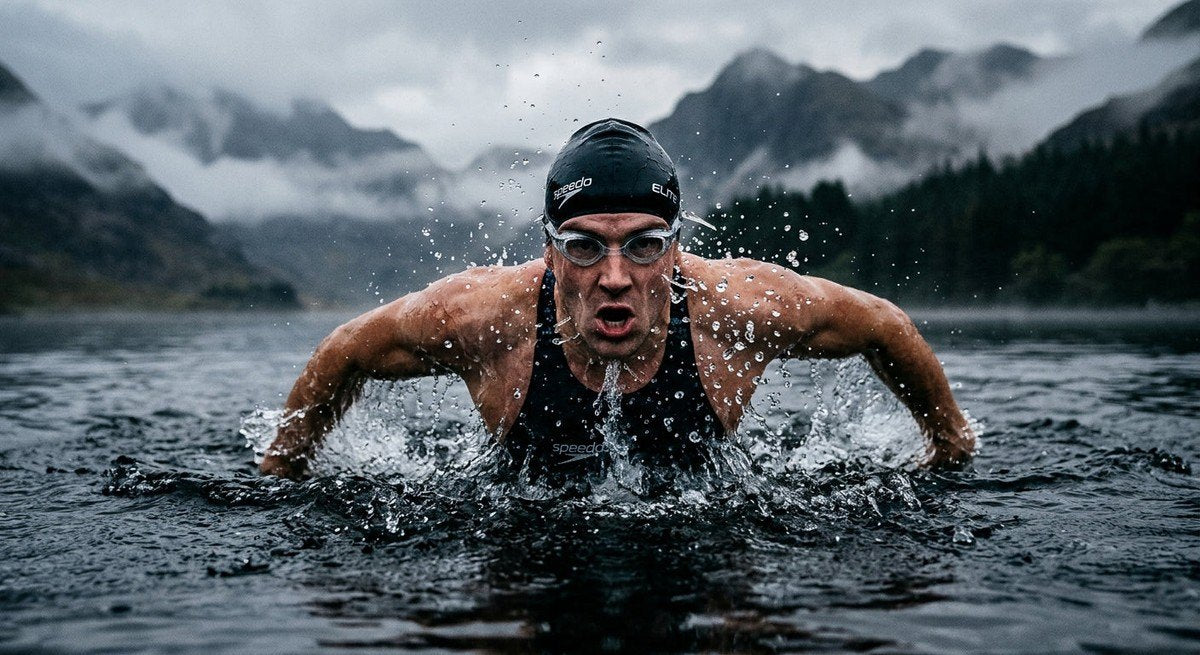 Dramatic high-speed action shot of a swimmer emerging from a cold, misty reservoir with water droplets captured in sharp detail around their goggles.
