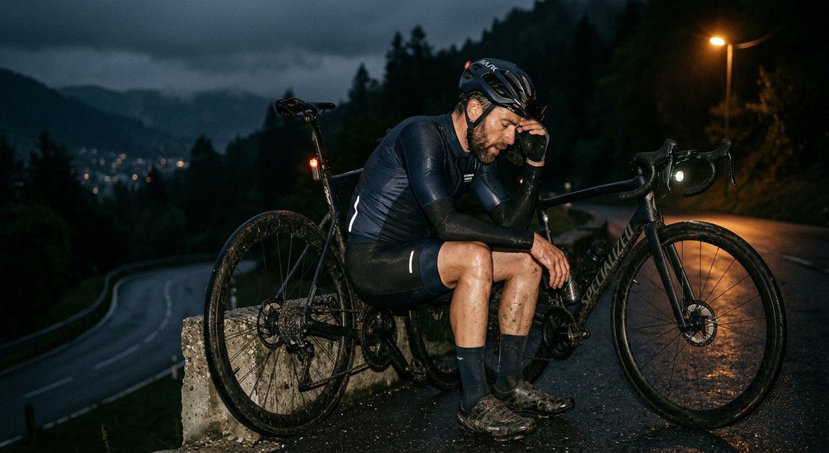 Dramatic, low-light photography of a cyclist resting against their bike, capturing the essence of recovery and mental preparation.
