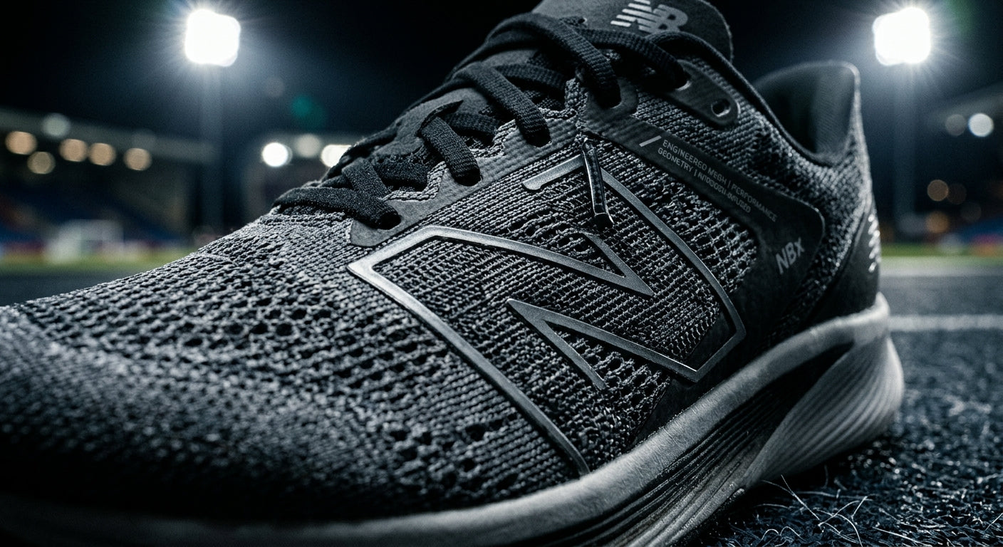 Dramatic macro shot of advanced mesh upper material on a high-performance athletic shoe under stadium lighting.