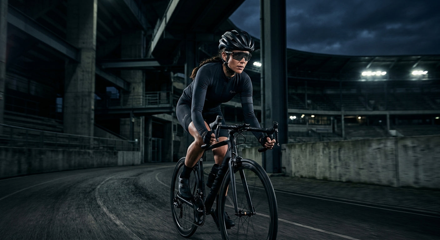 Dramatic, moody lighting highlighting the sleek, aerodynamic frame of the Julbo Edge eyewear against a dark, industrial stadium background.
