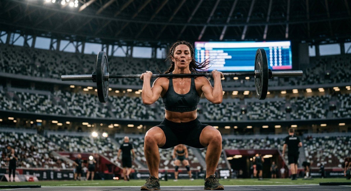 Dramatic, moody photograph of a fitness competitor in a stadium environment, capturing the raw intensity of a high-stakes athletic event.