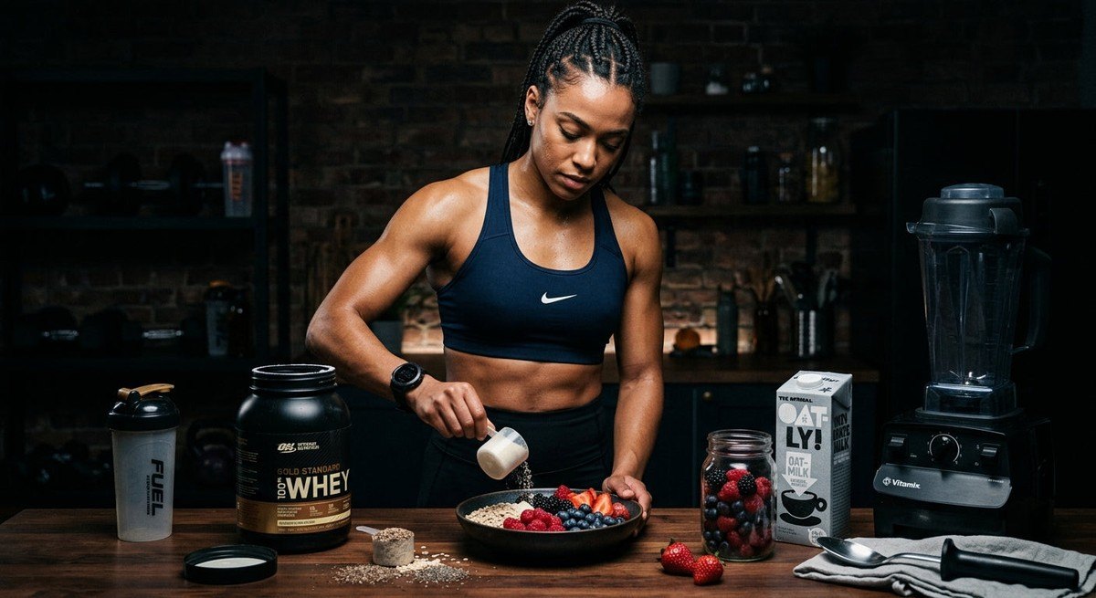 Dramatic, moody photograph of fresh berries and protein powder ingredients arranged for a recovery smoothie, sharp textures and professional studio lighting.