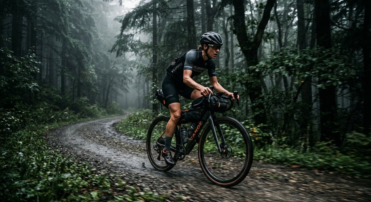 Dramatic, moody shot of an endurance cyclist riding through a misty forest, highlighting the cinematic lighting and motion blur of the wheels.