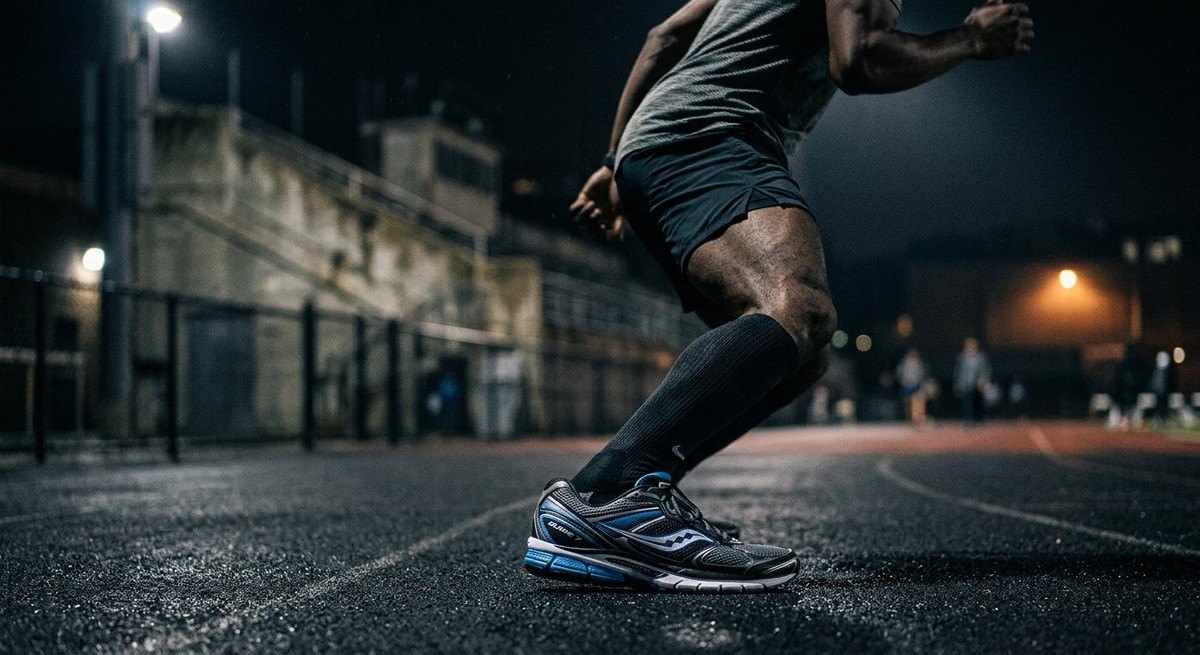 Dramatic, moody side-profile view of the Saucony ProGrid Guide 7 in motion, showing the structural geometry of the heel and medial support system.