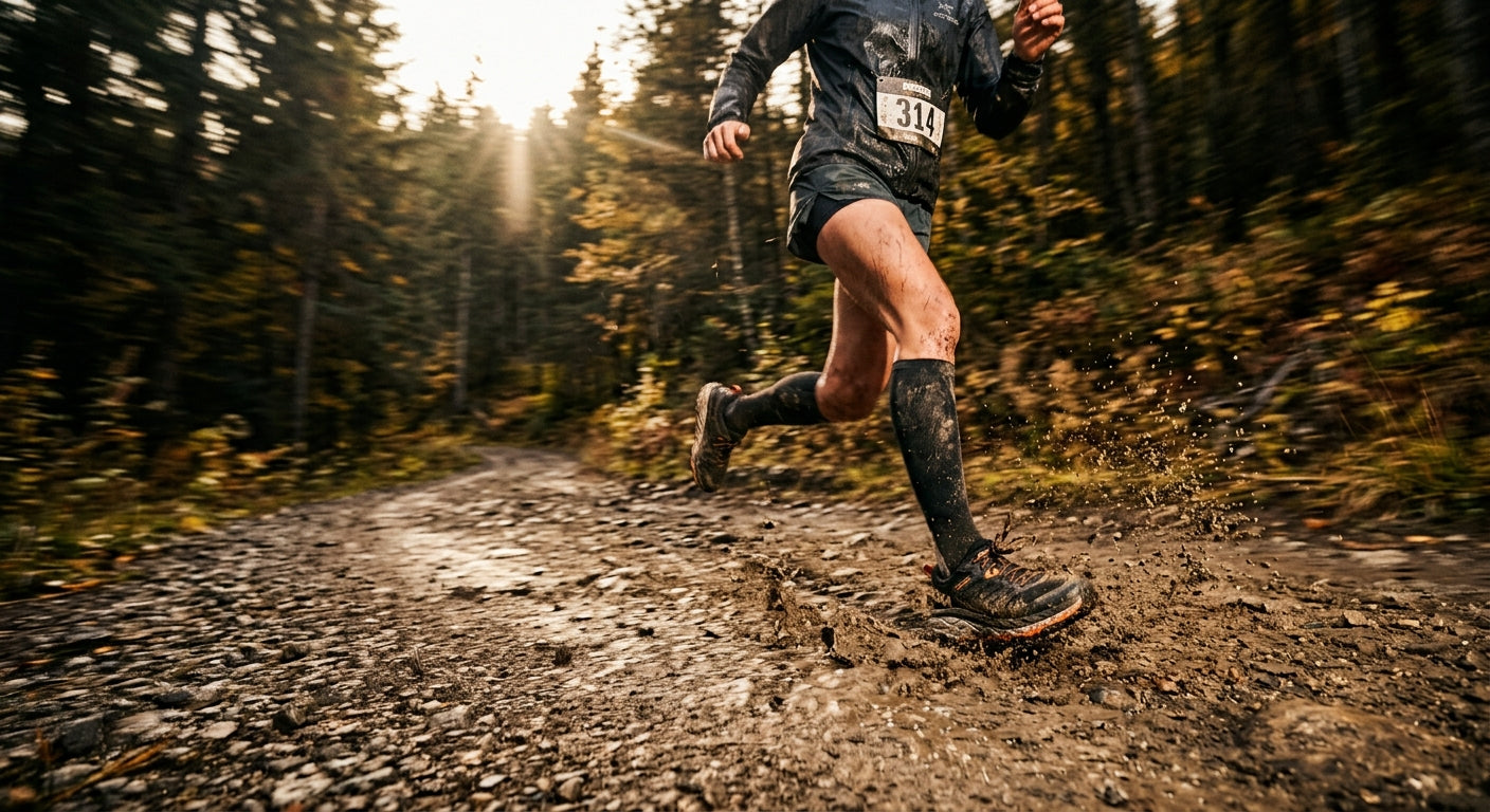 Dramatic motion blur photography of a runner's feet hitting a dirt trail during an intense ultra-marathon.