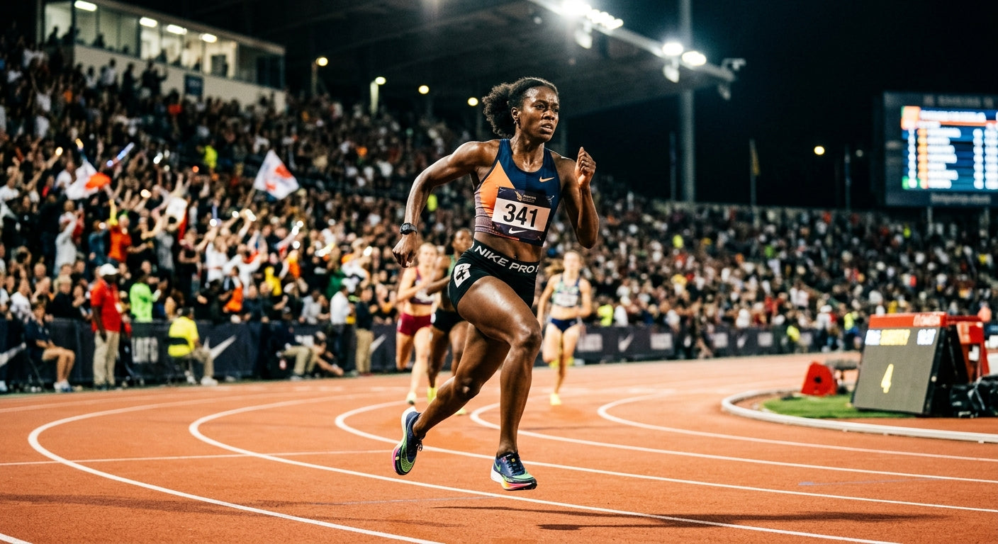 Dramatic, professional athletic photography of a runner in deep focus, capturing the intensity of a stadium-lit competition race.