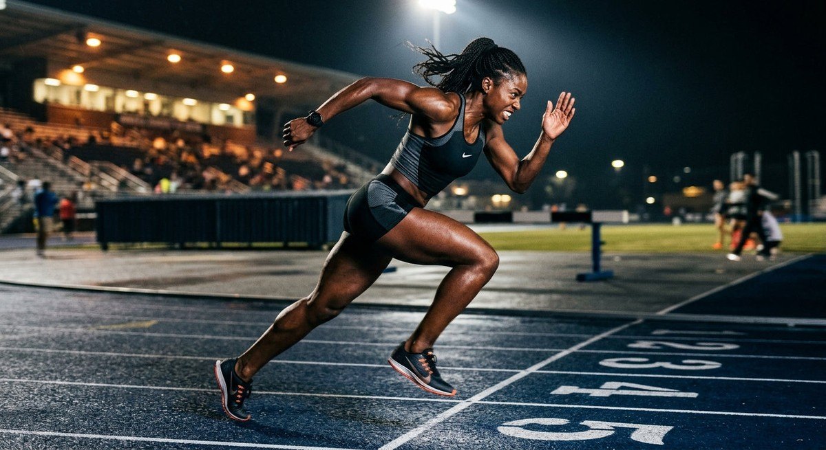 Dramatic shot of an athlete mid-sprint on a track, showcasing intense focus and athletic muscle definition under stadium lights.