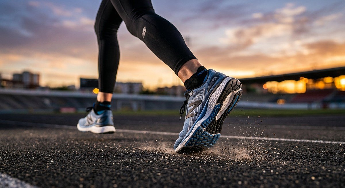 Dramatic side-profile view of a runner's foot strike in the latest New Balance 880 model, highlighting the outsole geometry and ground contact dynamics.