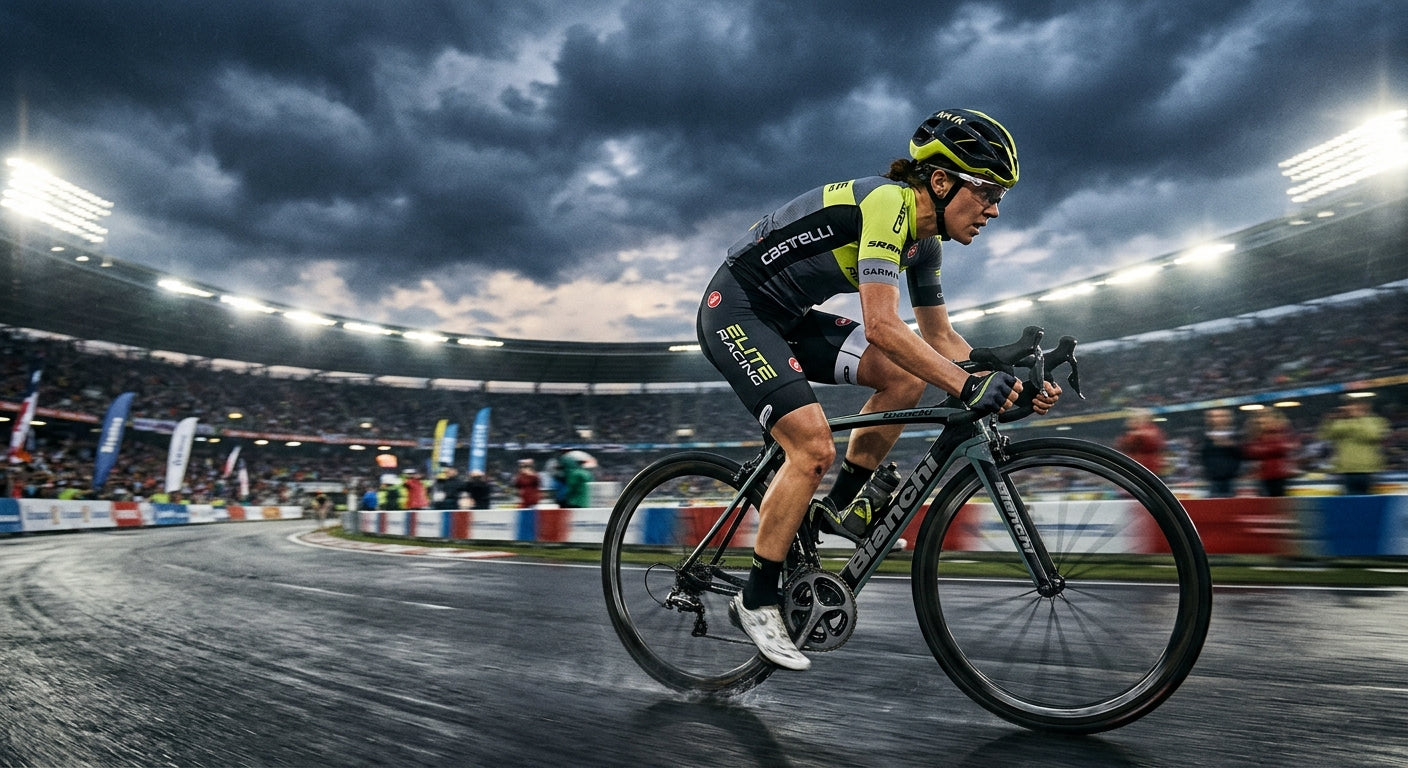 Dynamic action shot of a cyclist wearing professional bib shorts and an aero jersey, captured with a motion blur effect against a dramatic, cloudy stadium lighting backdrop.