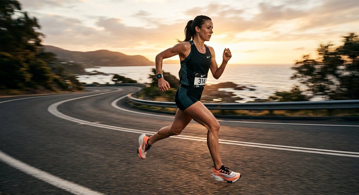 Dynamic action shot of a long-distance runner using a wearable device with motion blur and cinematic lighting to signify high-performance training.