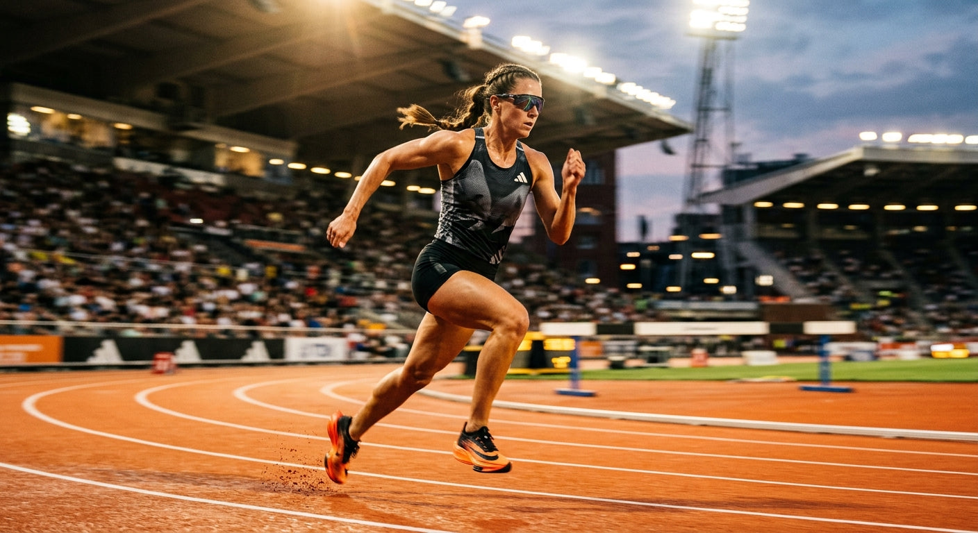 Dynamic action shot of a runner in a stadium, featuring motion blur and sharp, dramatic lighting reflecting off advanced sports glasses.