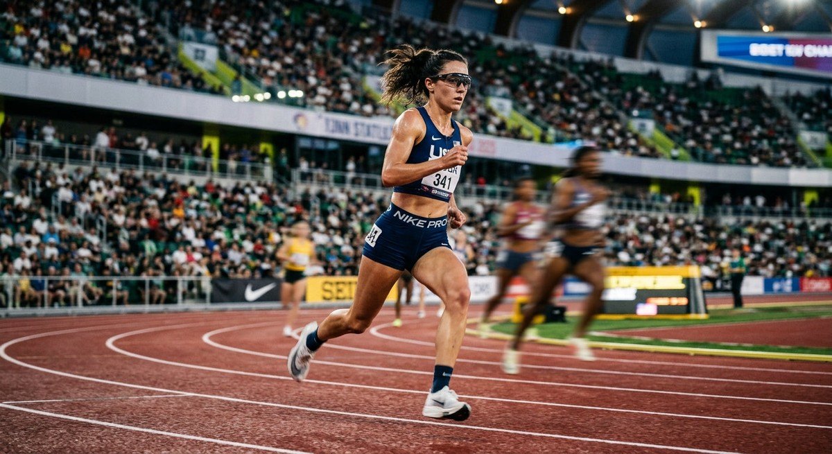 Dynamic action shot of a runner in a stadium, with motion blur and sharp focus on the high-tech eyewear, reflecting professional sports photography standards.