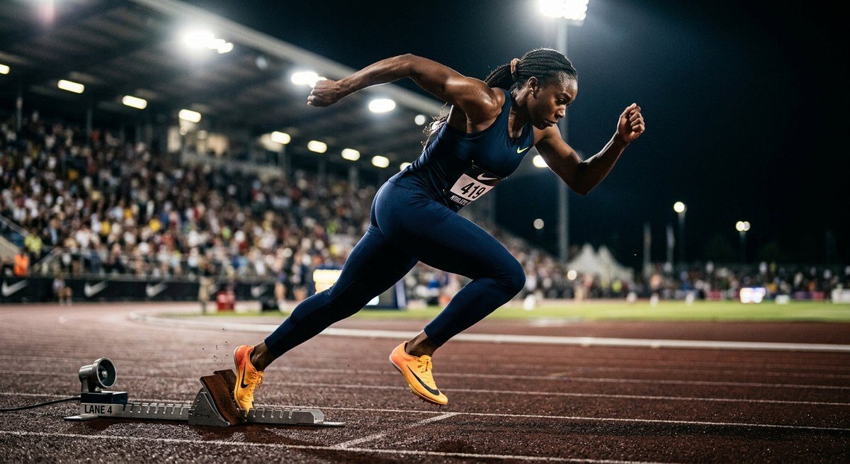 Dynamic action shot of a sprinter starting a race, focusing on movement, texture, and professional stadium stadium lighting.