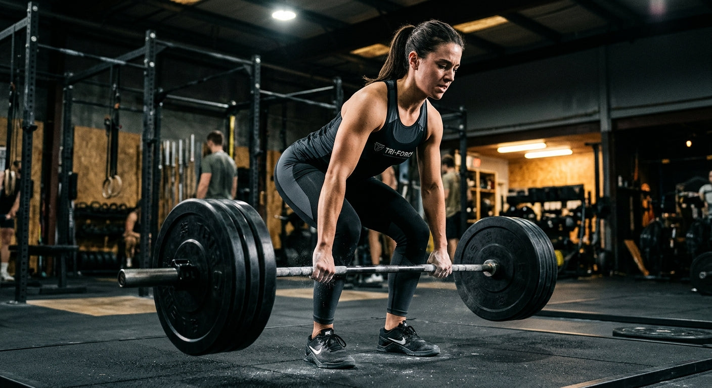 Dynamic action shot of a triathlete in performance gym apparel, captured with high-speed photography to show form and power during a deadlift.