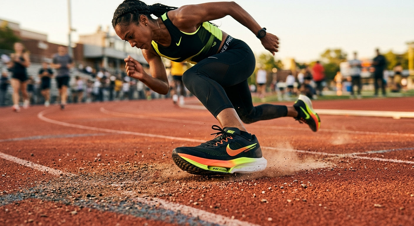 Dynamic action shot of the Nike Pegasus Premium 2.0 hitting a running track, capturing the compression of the air unit and realistic pavement textures.