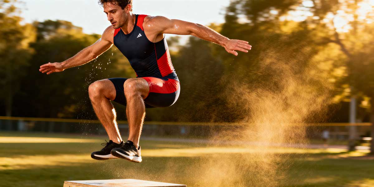 A full length shot of a male athlete performing a dynamic movement to show energy and physical vitality.