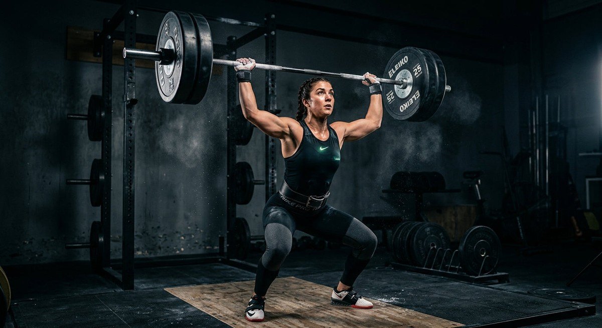Dynamic high-speed photography of a strength athlete in mid-lift with dramatic cinematic lighting.