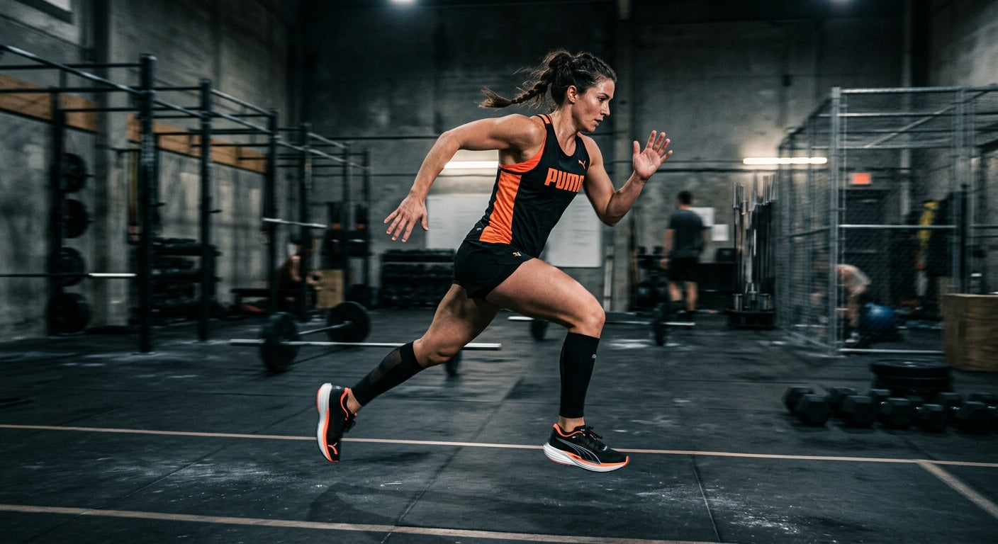 Dynamic motion blur shot of a fitness athlete wearing Puma Deviate NITRO Elite 4, captured in a cinematic, high-contrast gym environment.