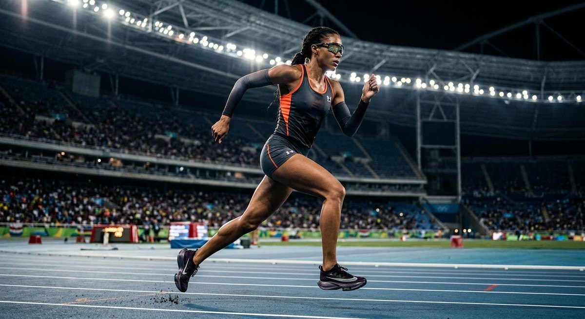 Dynamic runner in motion wearing high-performance sunglasses with cinematic stadium lighting reflecting off the lenses.