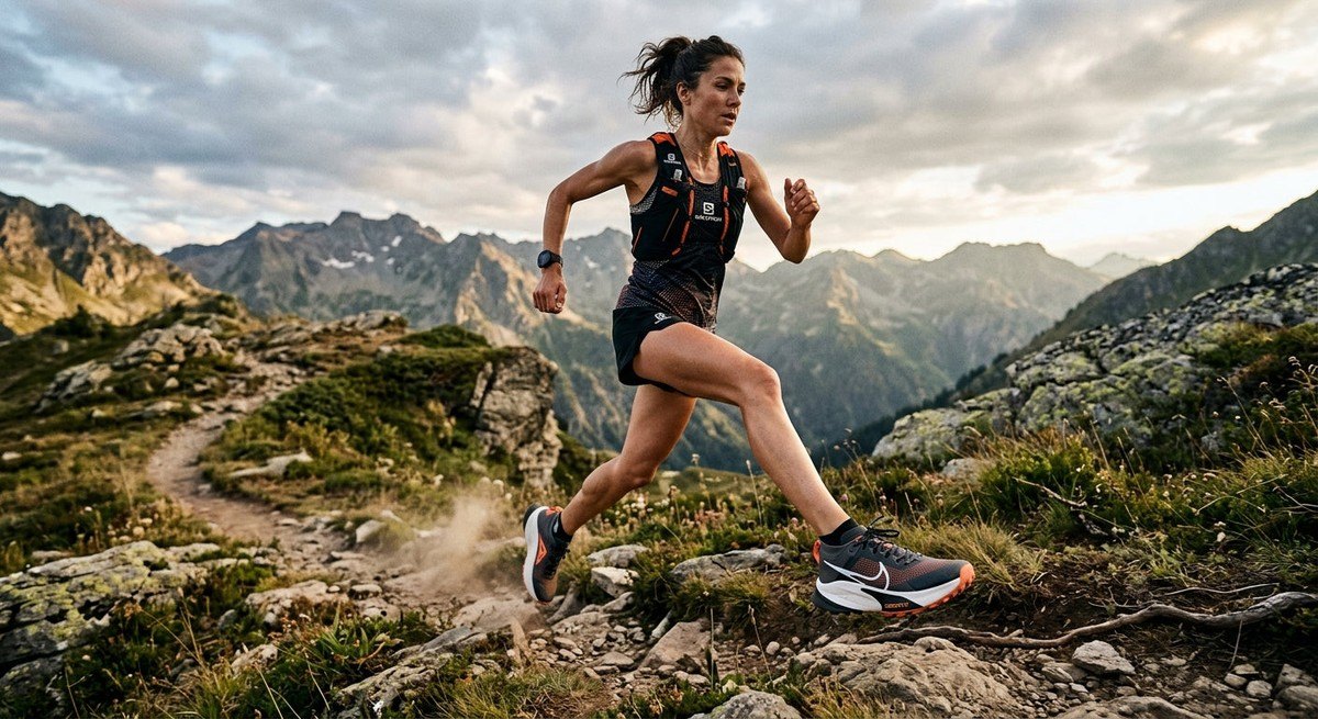 Dynamic side-angle view of a trail runner mid-stride on a rocky path, highlighting the high-stack ZoomX midsole and sleek upper design.