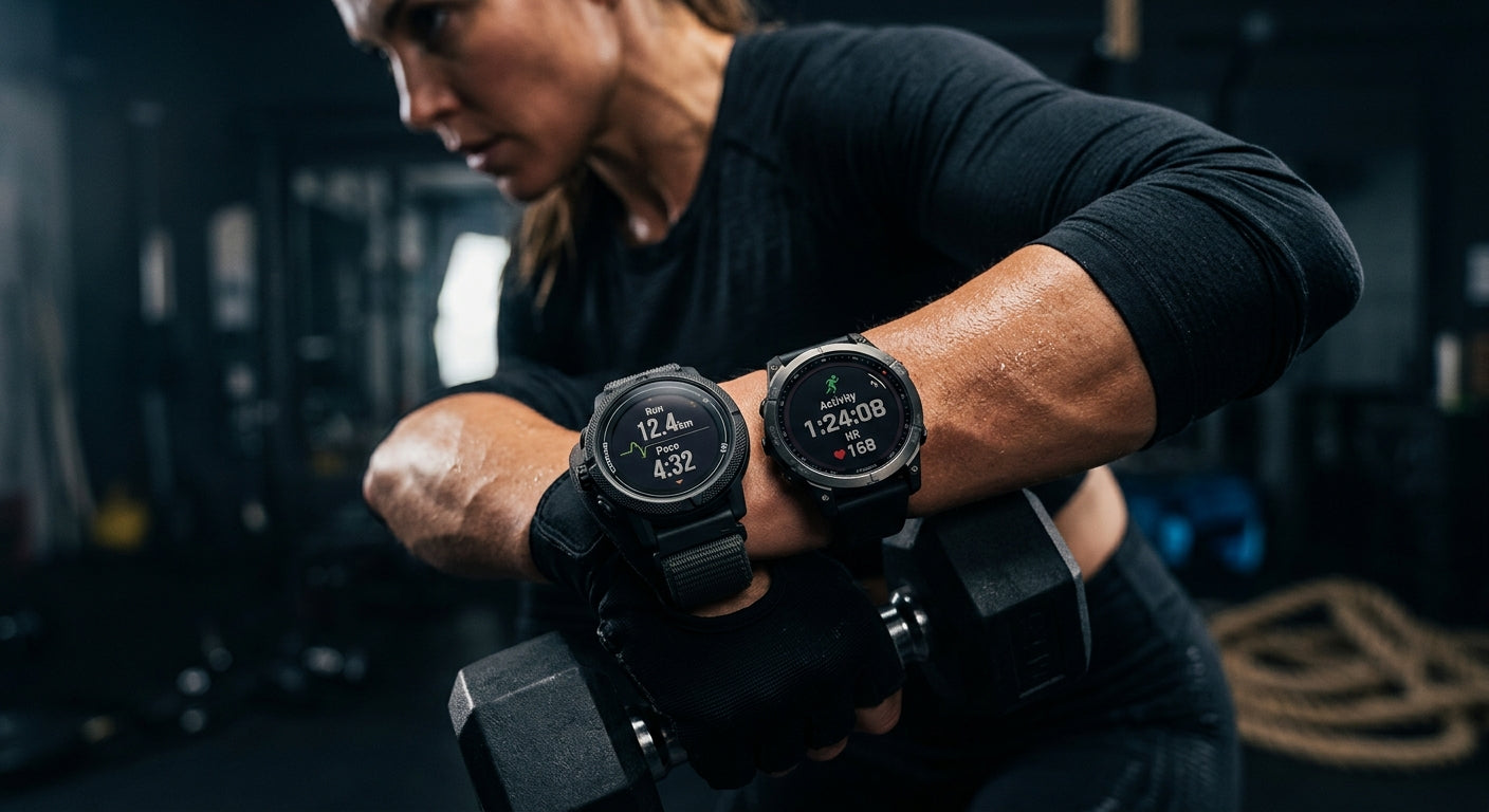 Dynamic side-by-side comparison of two sports watches highlighting the screen texture and bezel design in a professional studio setting.