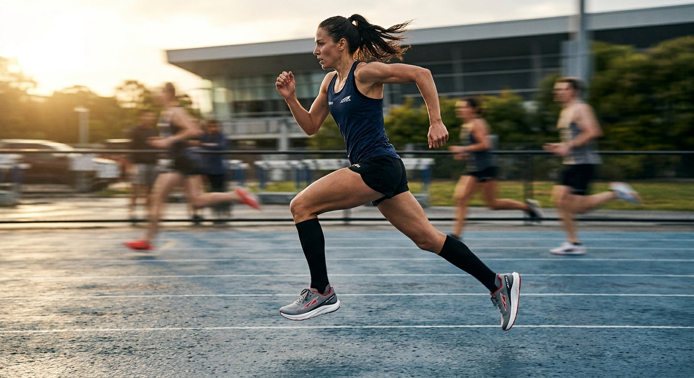 Dynamic side-profile view of a runner wearing the Altra Vanish Pulse, capturing high-speed motion and sharp textures on the midsole foam.