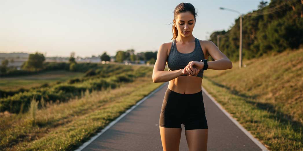 Female runner checking heart rate data on a smart watch, representing the rapid adaptation of the metabolic engine.