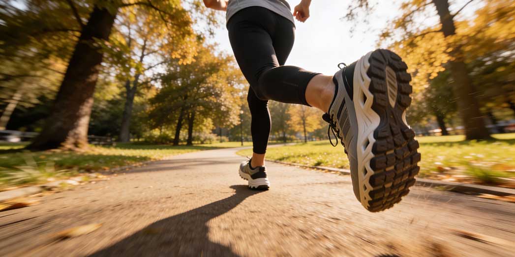 A full body side view of a female runner jogging in thick cushioned running shoes on a park path.