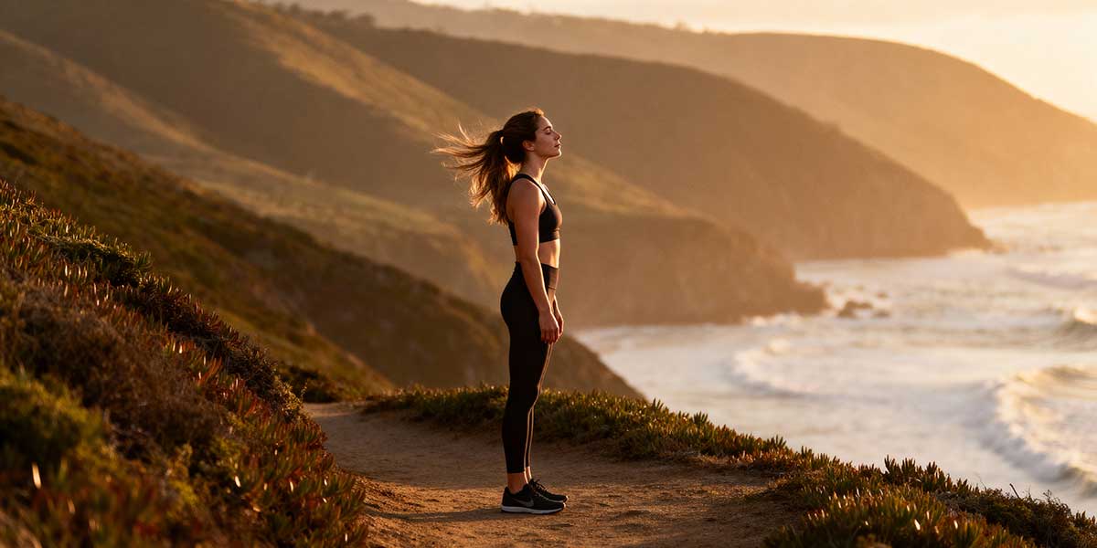 Full length photo of a female runner standing peacefully in nature looking out at a scenic view.